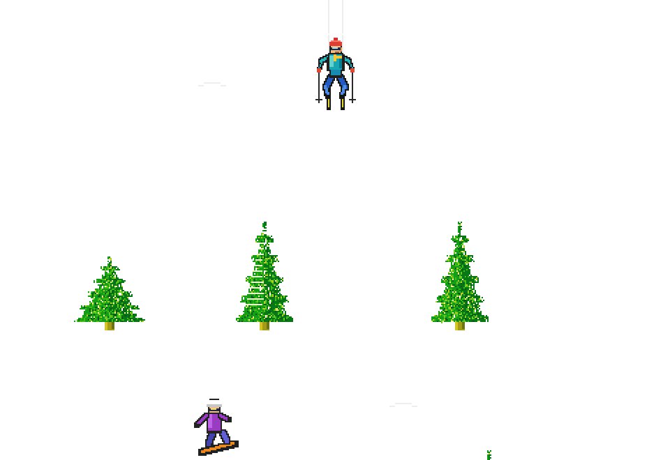 Downhill Rush &mdash; a skier weaving between pine trees and a snowboarder