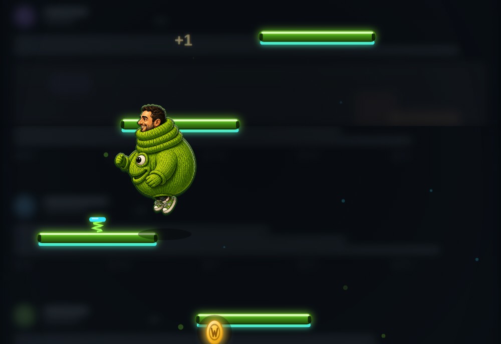 Dudas Jump &mdash; a character falling between glowing platforms